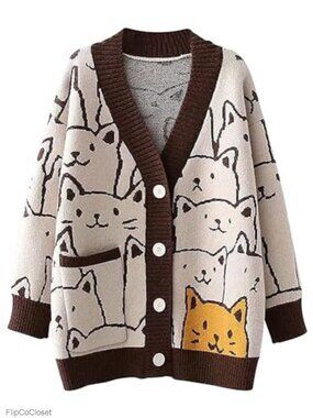 Cat Print V-Neck Cardigan Oversized Kawaii Long Sleeve Knit Sweater